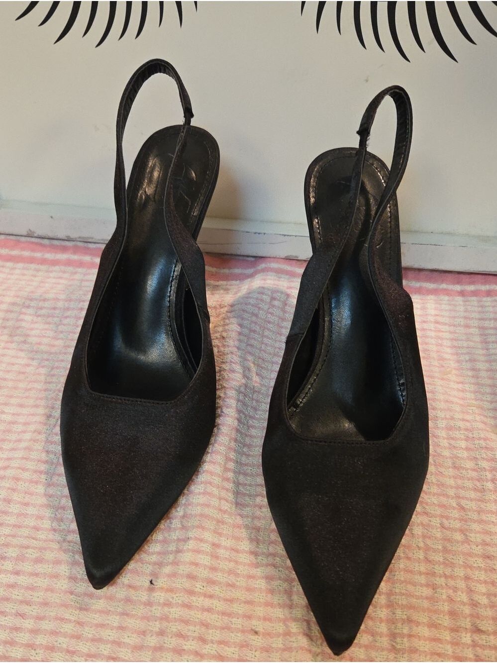 Classic Black Pointed-Toe Slingback Heels Satin Size 40